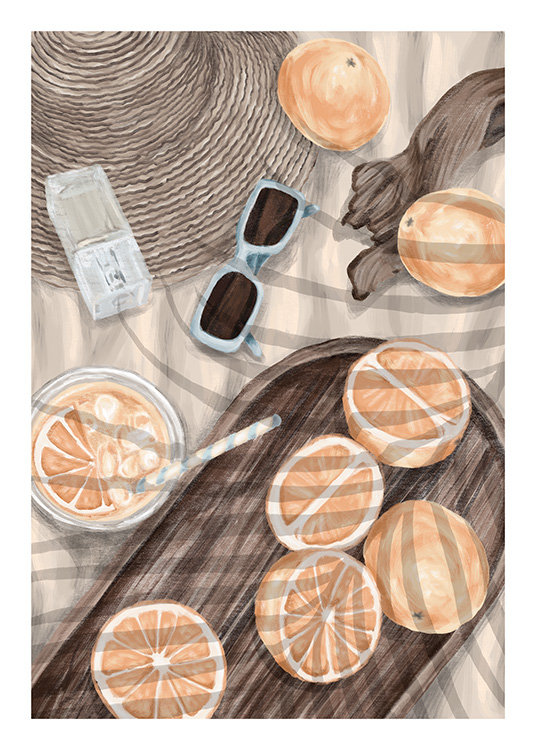 – Poster av en picknick med apelsiner och tillbehör