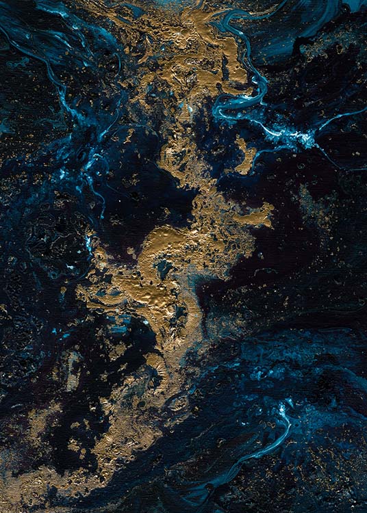  – Abstrakt oljemålning med virvlar i blått och guld