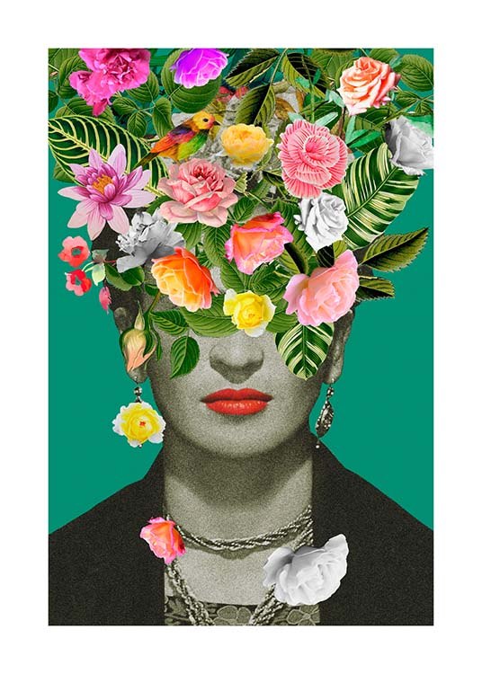  – Grafisk illustration med Frida Kahlo täckt av blommor mot en grön bakgrund