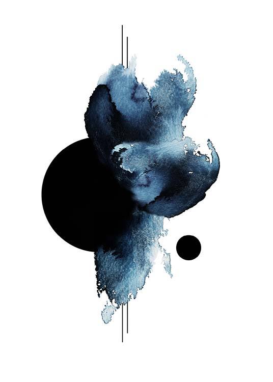  – Akvarell med abstrakta former i svart och blått på en vit bakgrund