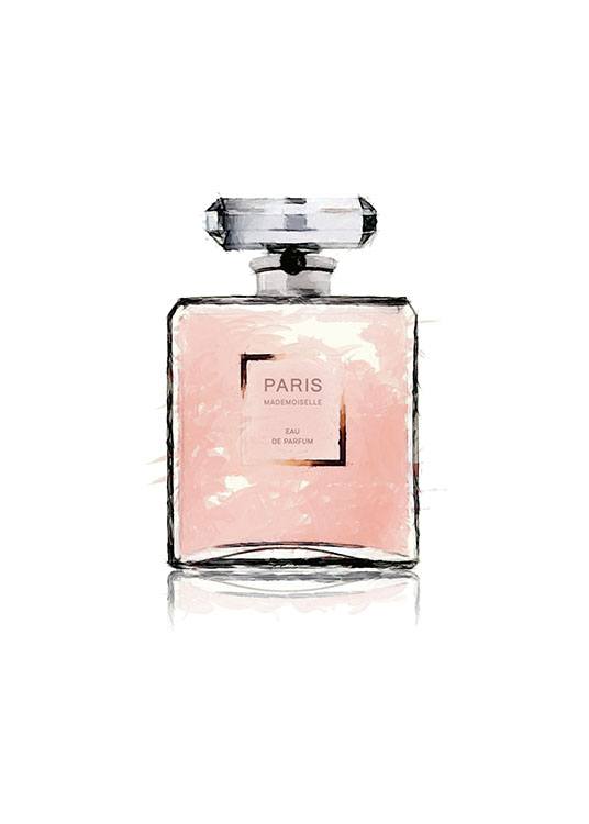  – Akvarell av en rosa parfymflaska med ordet PARIS