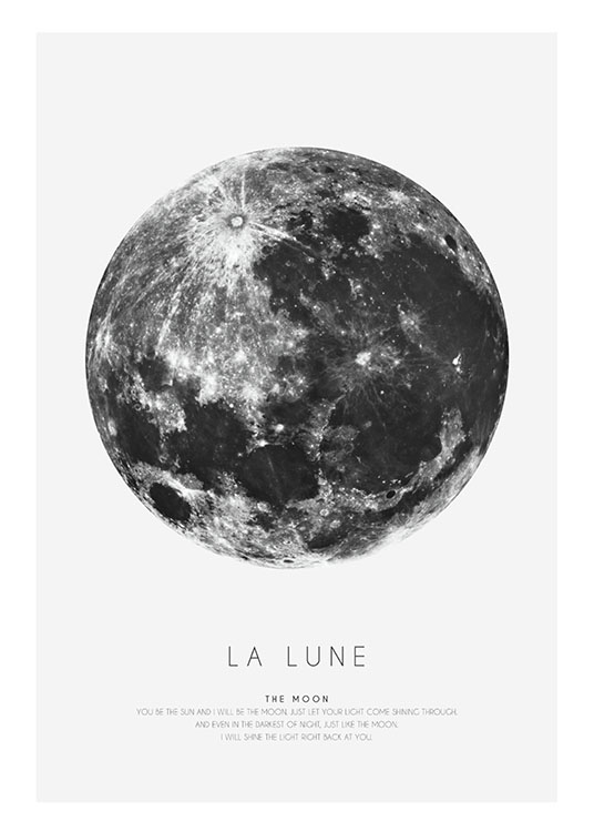  – Svartvit grafisk poster med en svartvit måne och text under