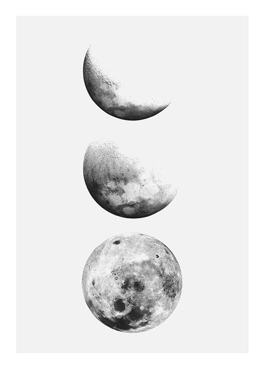  – Svartvit illustration av en rad månar i olika faser
