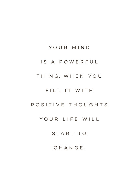  – Svartvit citattavla med citat om att fylla ditt sinne med positiva tankar