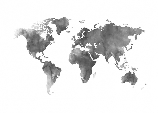  – Akvarell av en grå världskarta på en vit bakgrund