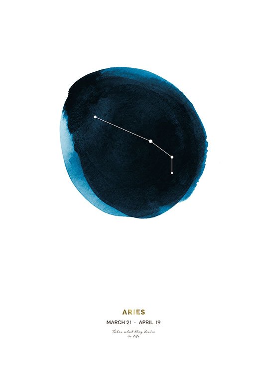  – Vädurens stjärntecken på en blå cirkel målad i akvarell, med text längst ner