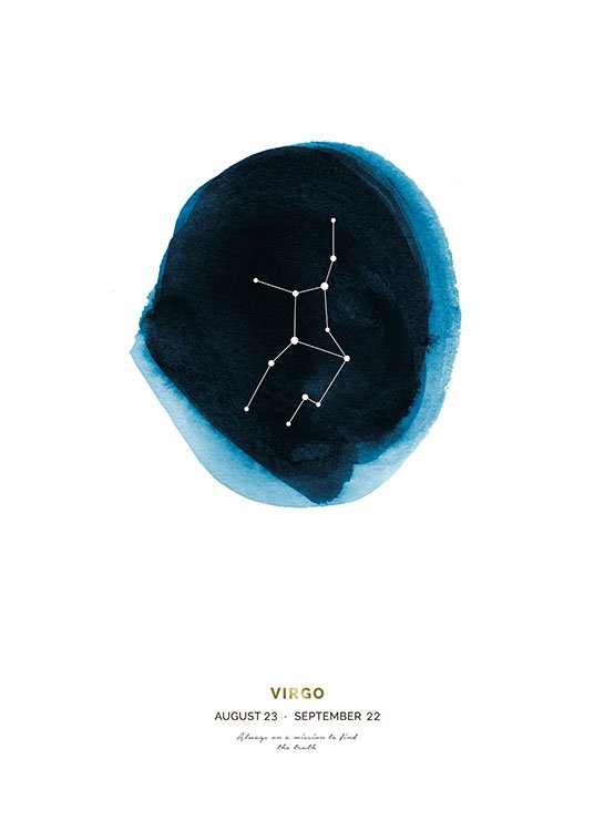  – Jungfruns stjärntecken i en blå cirkel målad i akvarell på en vit bakgrund