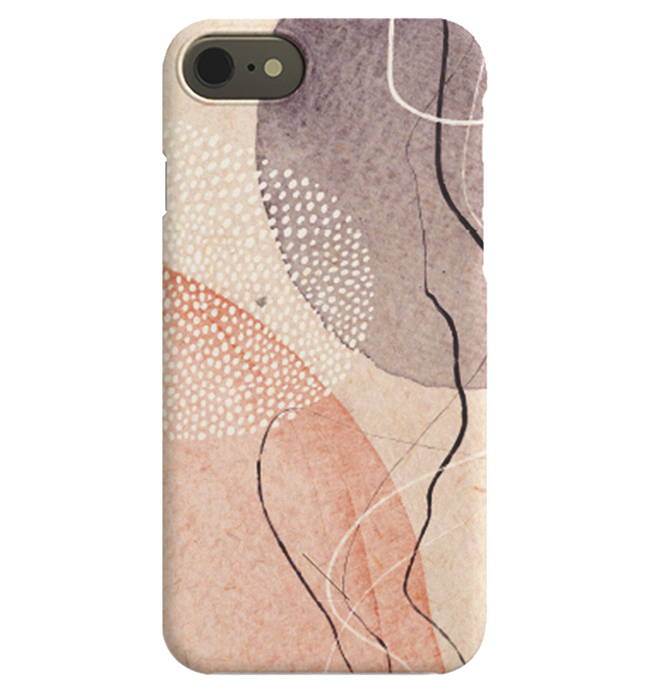  – iPhone-skal med abstrakta former i lila och rosa och en form av vita prickar