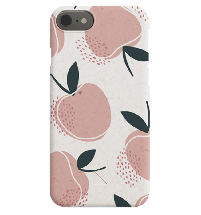  – iPhone-skal med ljusrosa persikor illustrerade på en ljusgrå bakgrund