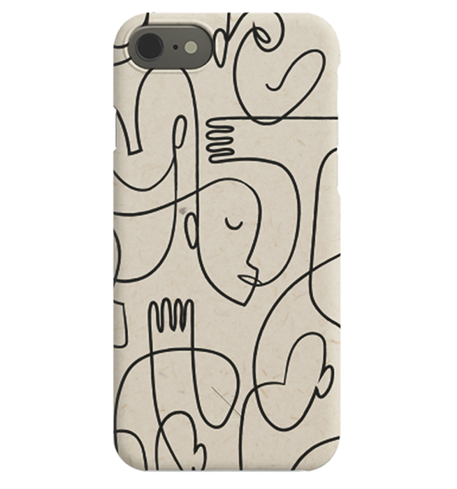  – iPhone-skal med ett abstrakt motiv, med ansikten i svart line art på en beige bakgrund