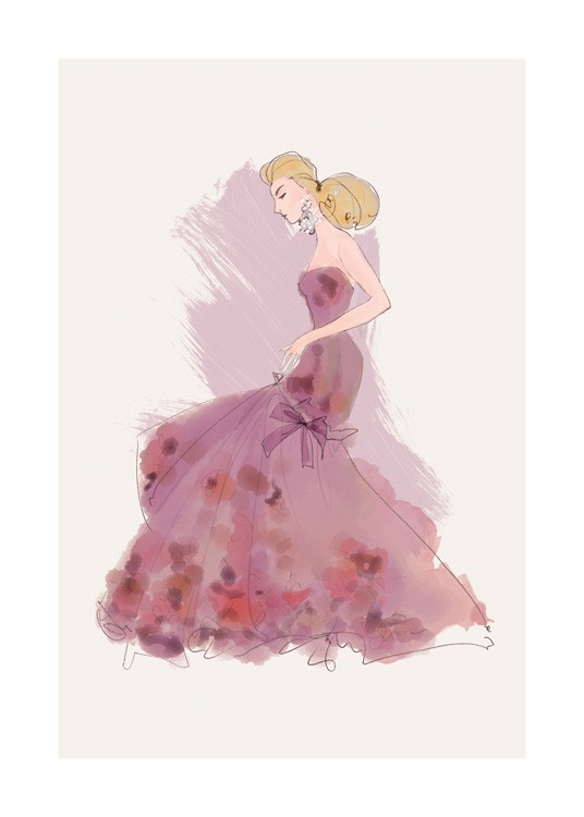  – Illustration av Lars Wallin av en kvinna i en lila klänning med detaljer på kjolen