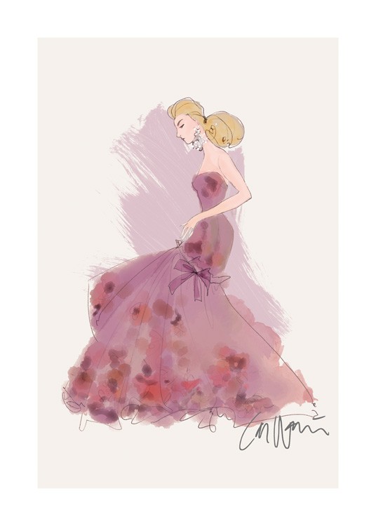  – Illustration av en kvinna som bär en lång, lila klänning med rosa detaljer