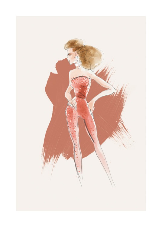  – Illustration av en kvinna i en byxdress i rött med pärlor på, mot en beige bakgrund med röda penseldrag