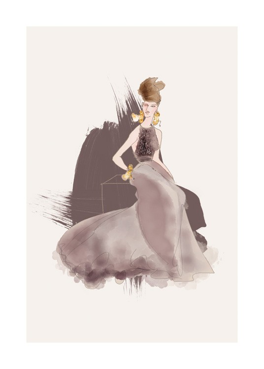  – Illustration av en kvinna i mörkgrå klänning med ett livstycke med pärlor, mot en beige bakgrund