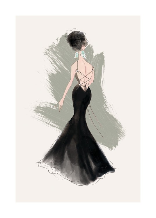  – Illustration av en kvinna i en svart klänning med snörad rygg och diamantörhängen
