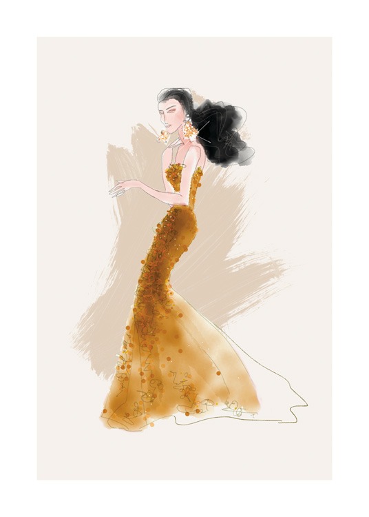  – Illustration av en kvinna i en mörkgul klänning med paljettdetaljer mot en beige bakgrund