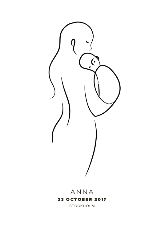  - Illustration med abstrakta linjer av en förälder som håller ett nyfött barn och text nedanför