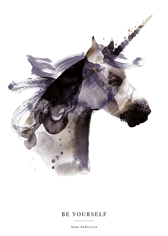  – Akvarellillustration av en enhörning i lila, svart och brunt på vit bakgrund med text längst ned