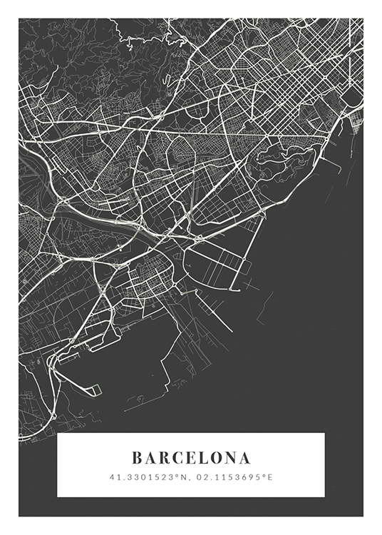  – Grå och vit stadskarta med stadens namn och koordinater längst ned