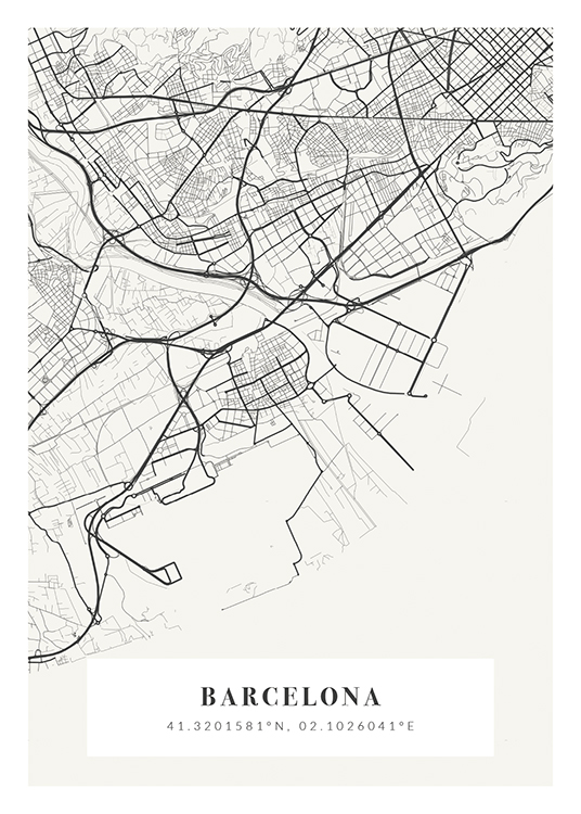  – Benvit och grå stadskarta med koordinater och stadsnamn längst ned