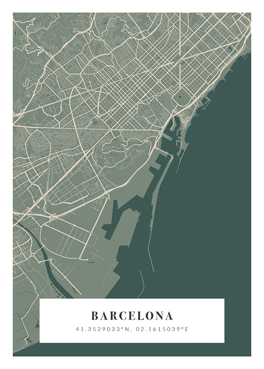  – Beige och grön stadskarta med stadsnamn och koordinater längst ned