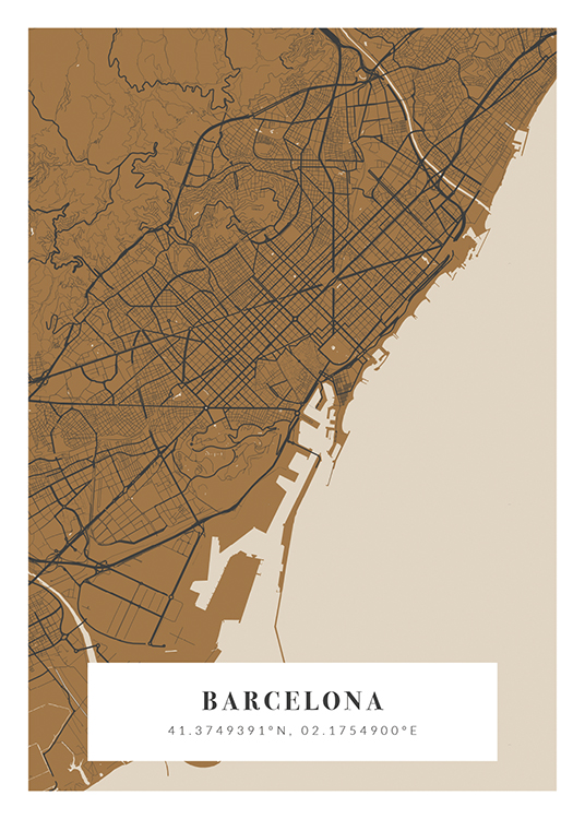  – Stadskarta i beige, brunt och mörkgrått med stadsnamn och koordinater längst ned