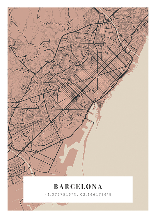  – Stadskarta i rosa, mörkgrått och beige med koordinater och stadsnamn längst ned