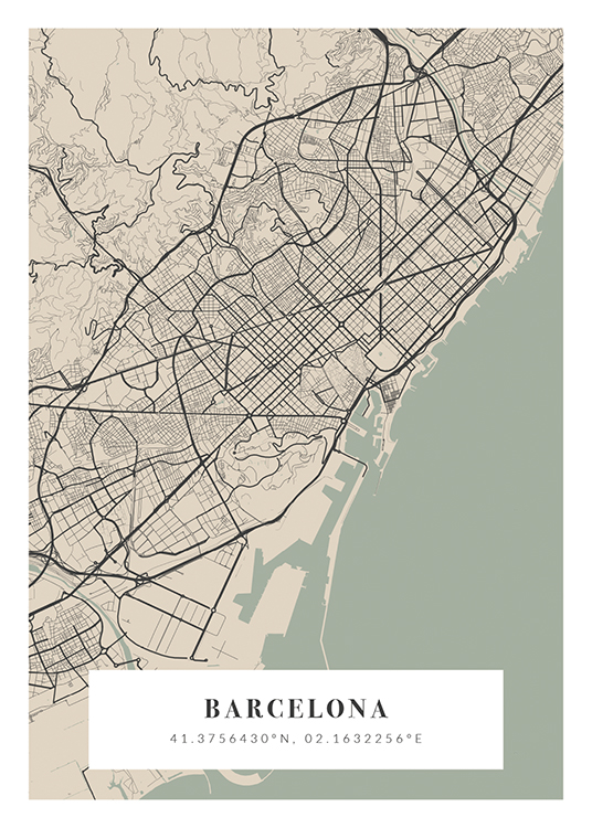  – Ljusgrön, beige och mörkgrå stadskarta med stadsnamn och koordinater längst ned