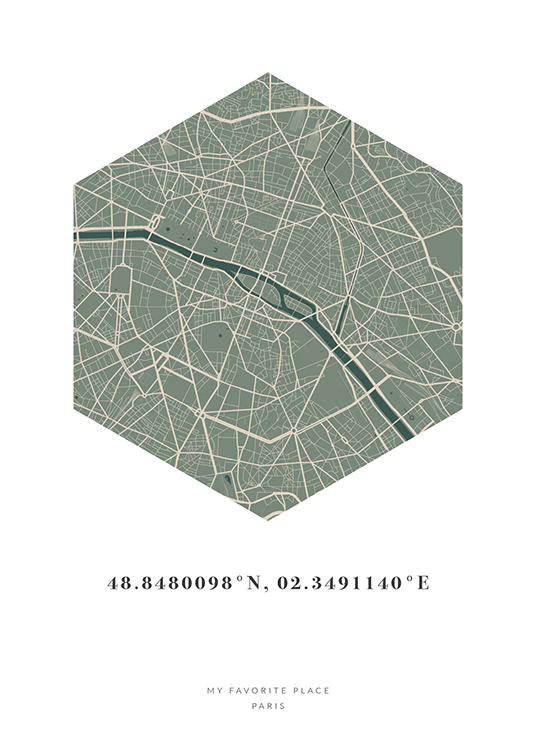  – Sexhörnig stadskarta i beige och grönt med koordinater och text längst ned