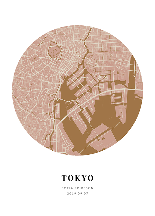  – Brun och rosa, rund stadskarta med text under