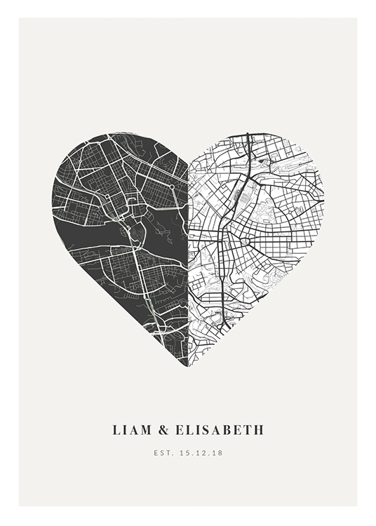  – Hjärtformad stadskarta i svartvitt på en ljusgrå bakgrund med text längst ned