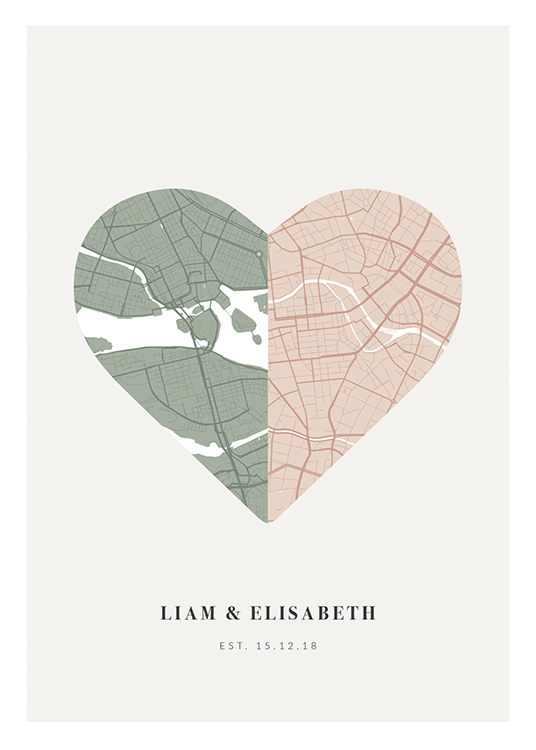  – Hjärtformad stadskarta i grönt och rosa på en ljusgrå bakgrund med text längst ned