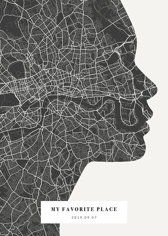 – Stadskarta i svartvitt formad som en ansiktssilhuett med text längst ned