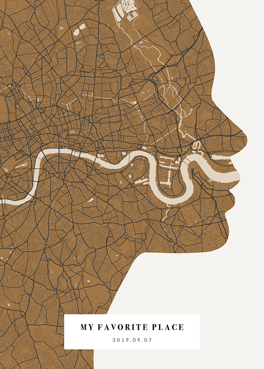  – Stadskarta formad som en ansiktssilhuett i brunt och beige med text längst ned