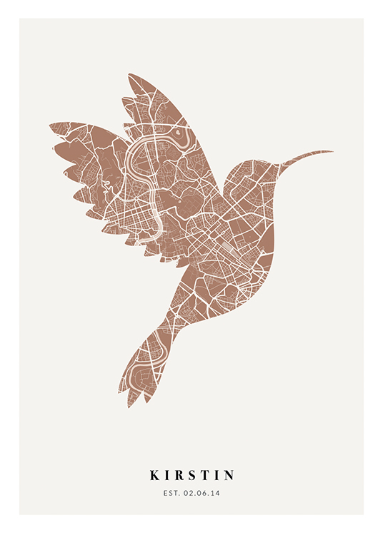  – Stadskarta i rostrosa och vitt formad som en fågel med text längst ned