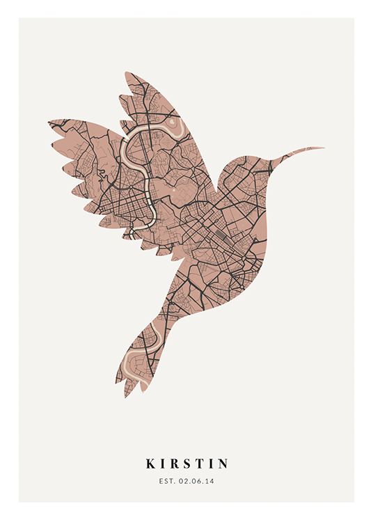  – Stadskarta i rosa och mörkgrått, formad som en fågel med text längst ned