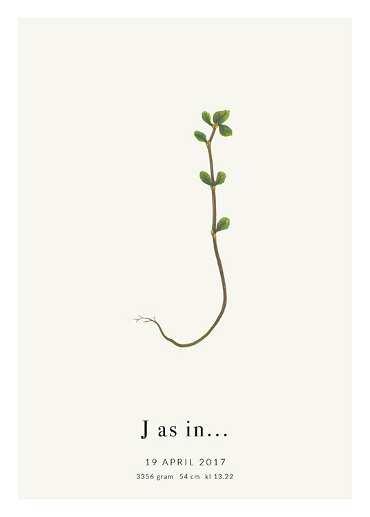  – Bokstaven J formad av en liten växt, med text längst ned