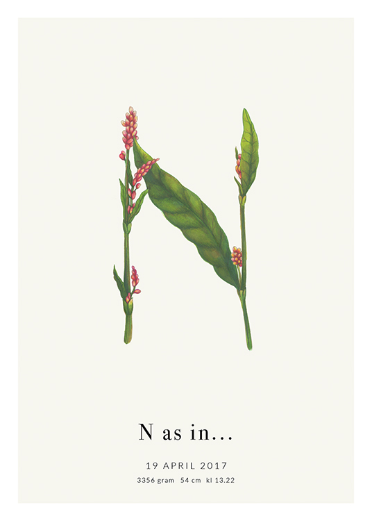  – Bokstaven N formad av röda blommor och gröna blad, med text under