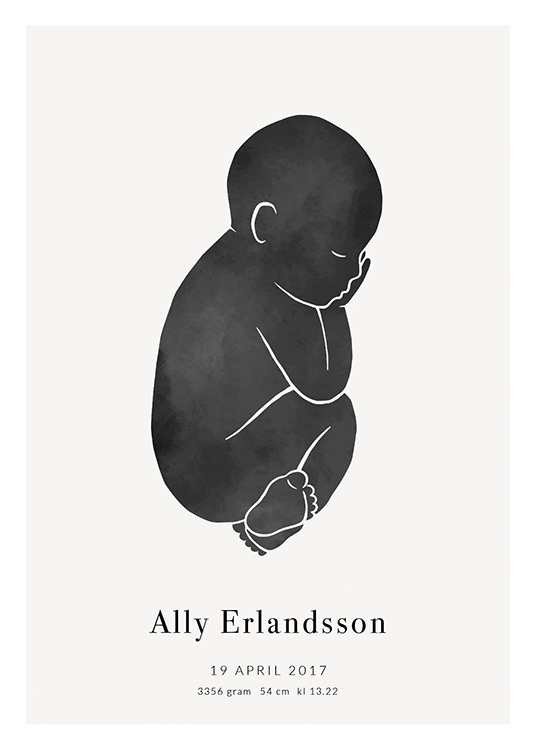  – En baby i svart mot en ljusgrå bakgrund med text under