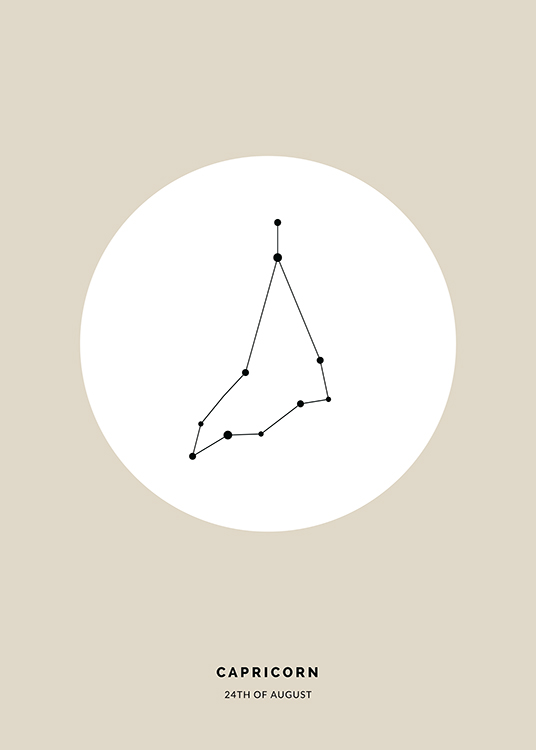  – Illustration av stenbockens stjärntecken i svart i en vit cirkel på en beige bakgrund