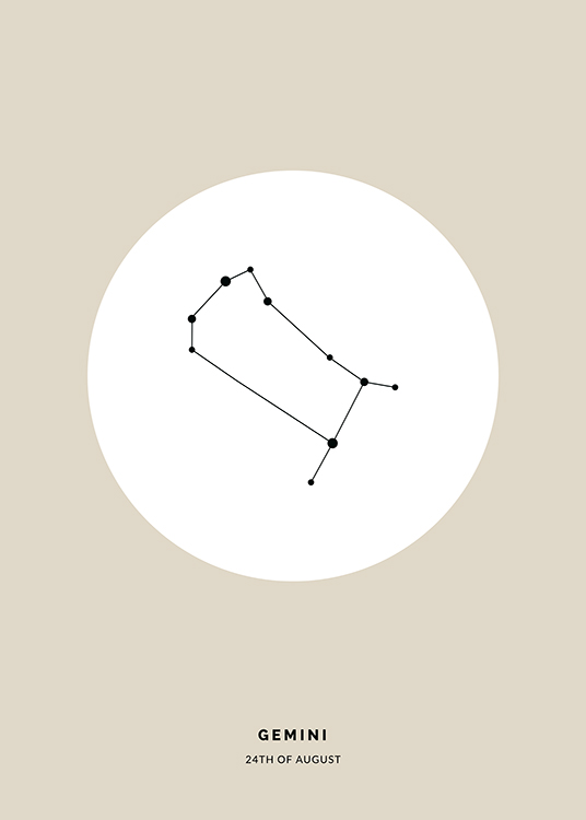  – Illustration av tvillingarnas stjärntecken i svart i en vit cirkel på en beige bakgrund