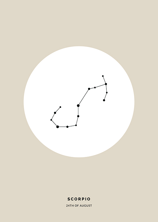  – Illustration av skorpionens stjärntecken i svart i en vit cirkel på en beige bakgrund