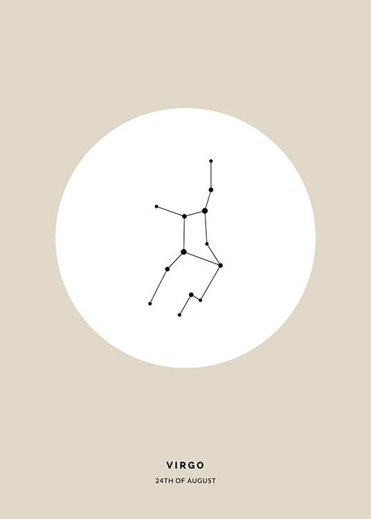  – Illustration av jungfruns stjärntecken i svart i en vit cirkel på en beige bakgrund