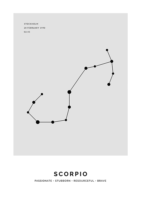  – Illustration av skorpionens stjärntecken i svart på en grå bakgrund med text att anpassa