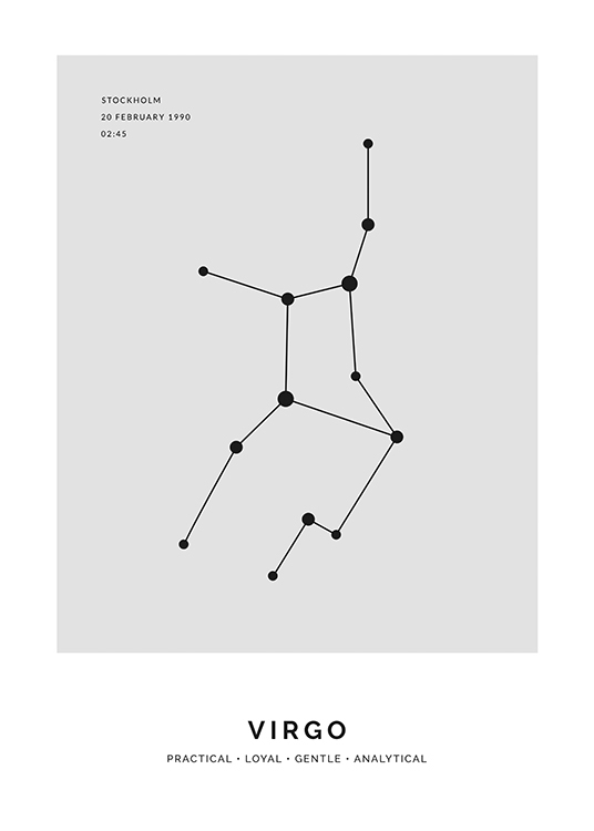 – Illustration av jungfruns stjärntecken i svart på en grå bakgrund med text att anpassa
