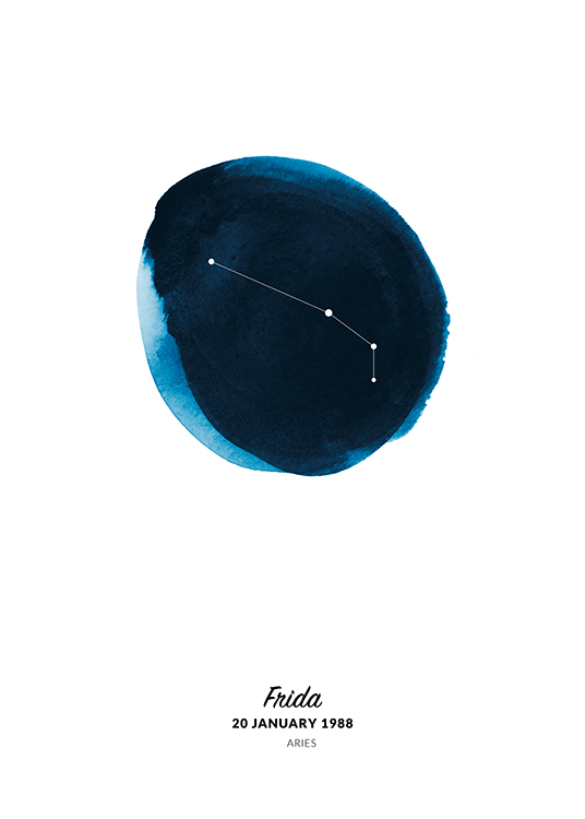  – Illustration av vädurens stjärntecken i en cirkel målad i blå akvarell