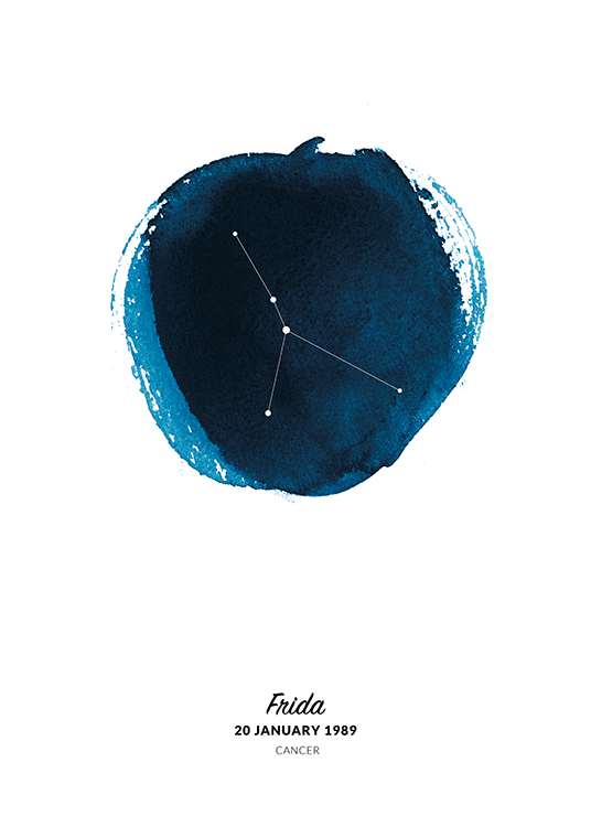  – Illustration av kräftans stjärntecken i en cirkel målad i blå akvarell