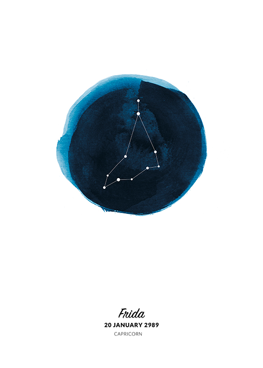  – Illustration av stenbockens stjärntecken i en cirkel målad i blå akvarell
