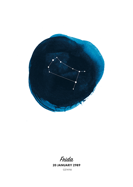  – Illustration av tvillingarnas stjärntecken i en cirkel målad i blå akvarell
