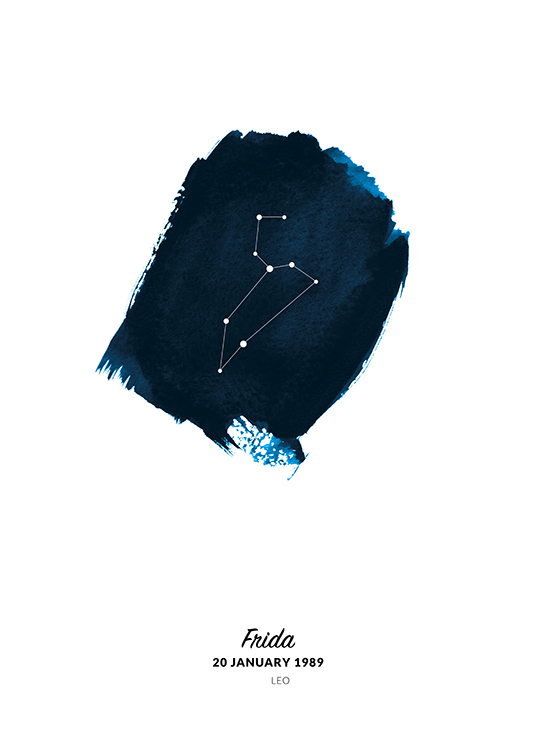  – Illustration av lejonets stjärntecken i en cirkel målad i blå akvarell